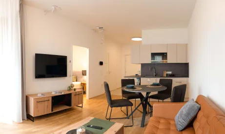 Kleine Einbauküche mit Wohnzimmer in einem Apartment